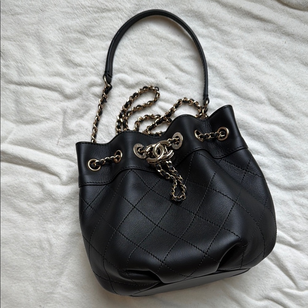 Chanel CC Chain Drawstring Bucket Bag Quilted Lambskin Mini Black